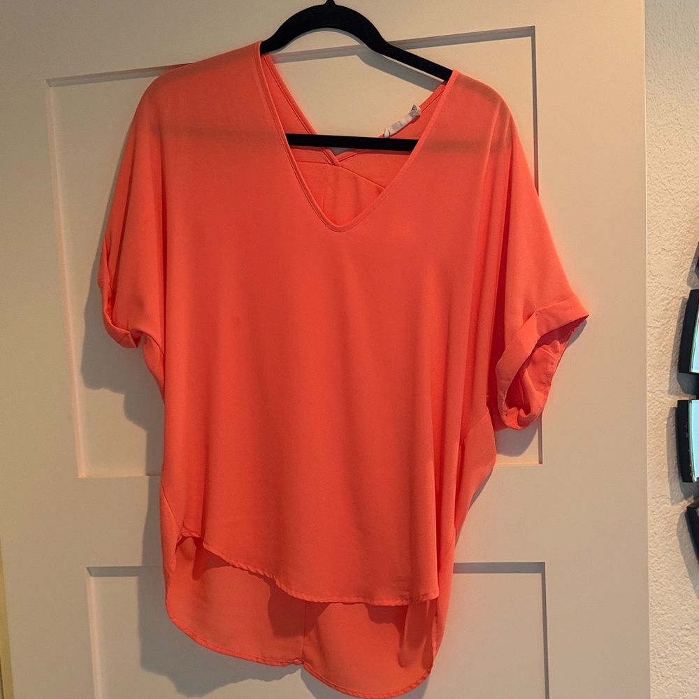Lush Vibrant Coral V-Neck Blouse